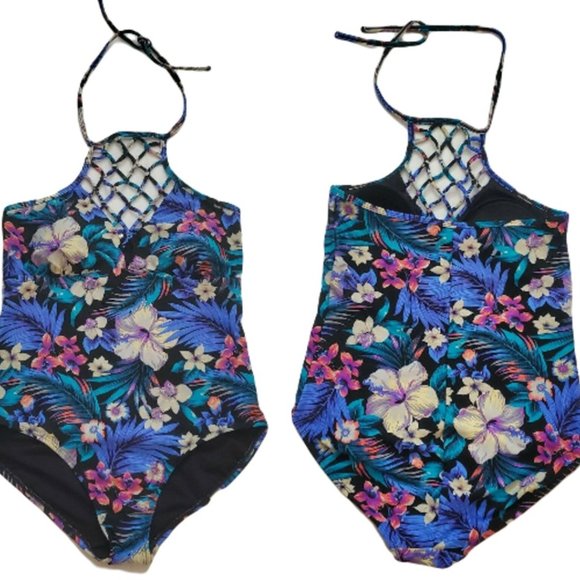 Tahiti Women's Blue/Multi One-Piece Lattice Front Halter Floral Swimsuit M(8-10) - Picture 14 of 14